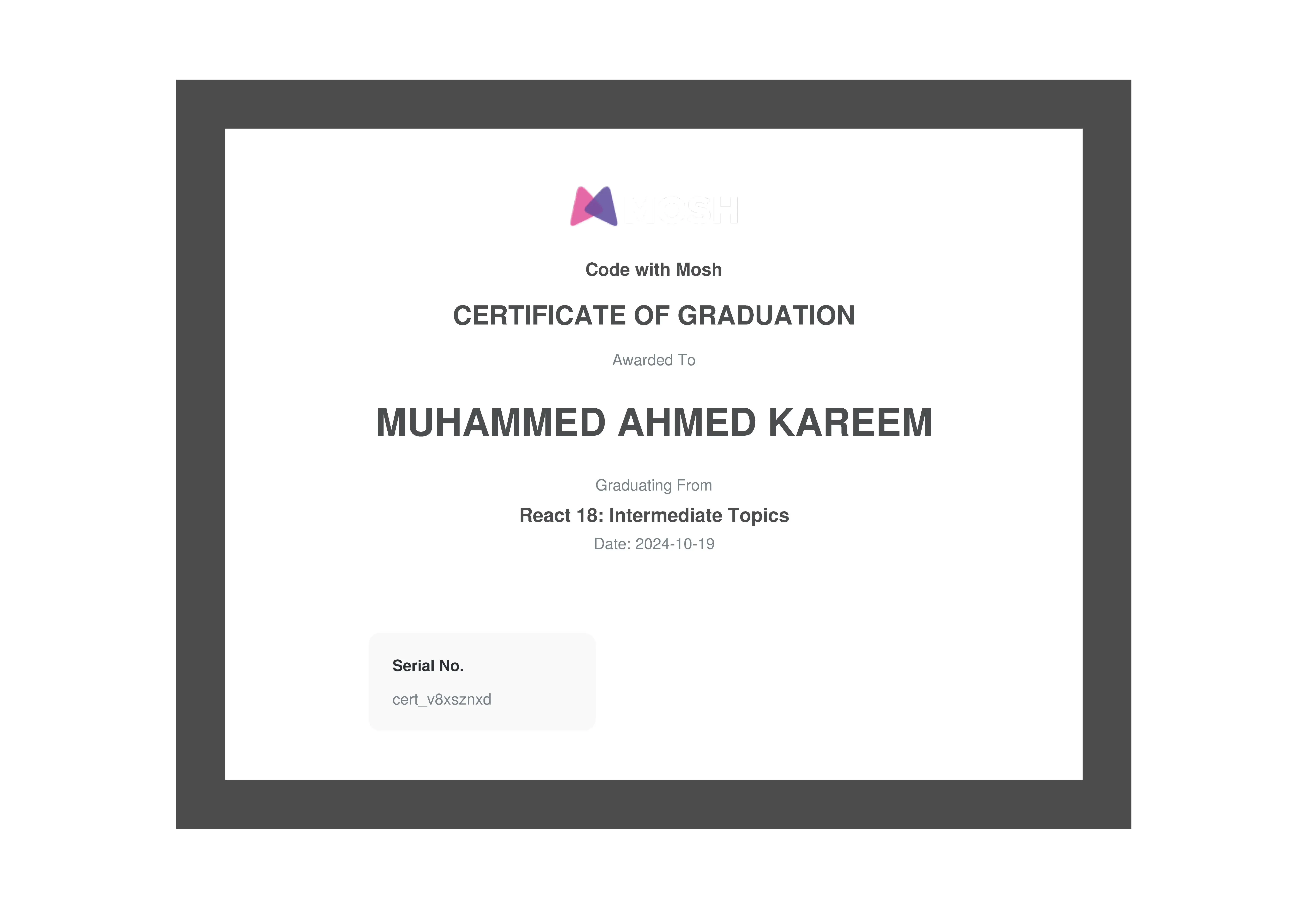 Ultimate React.js Course intermediate topics certificate