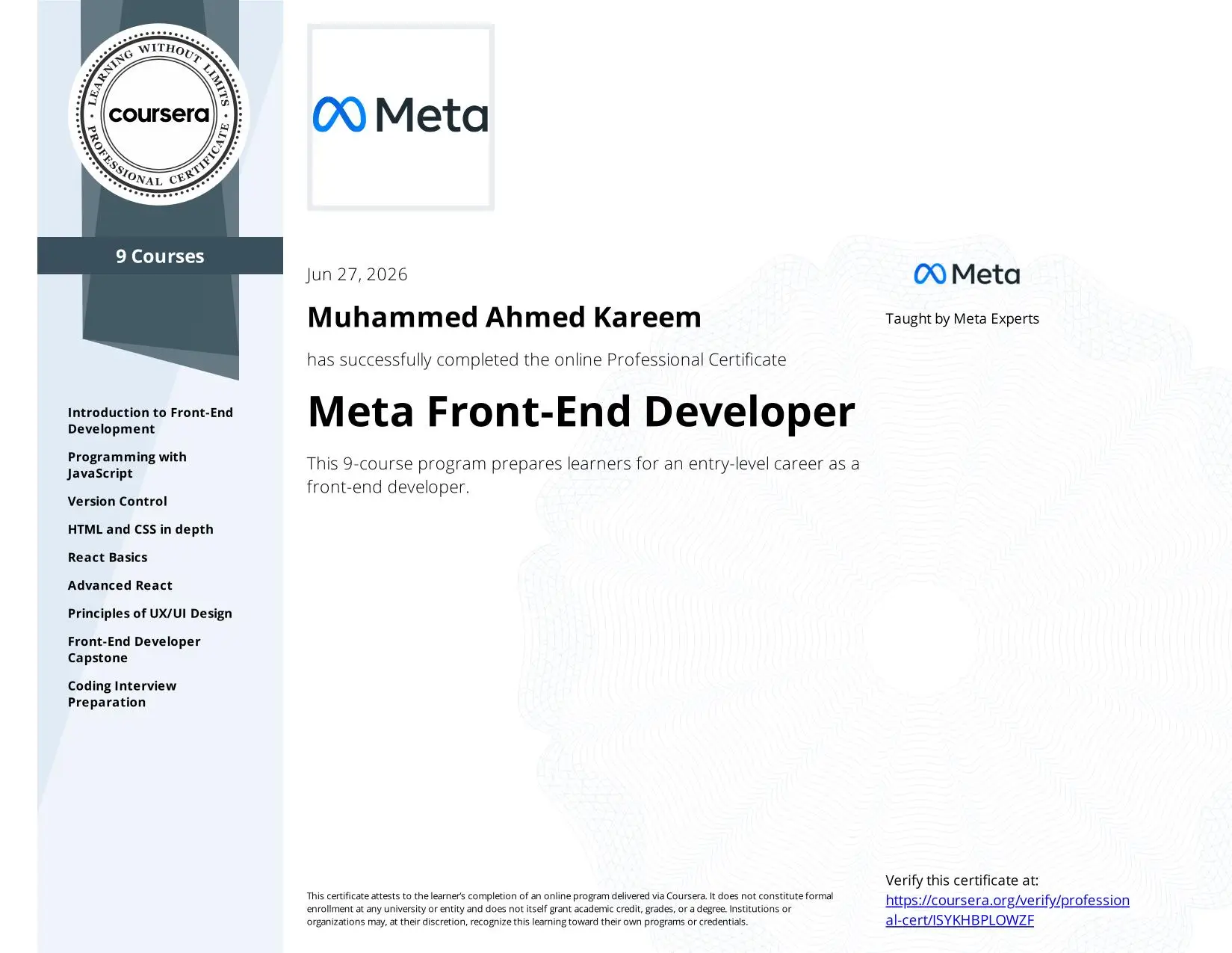 Meta Front-End Developer Professional Certificate