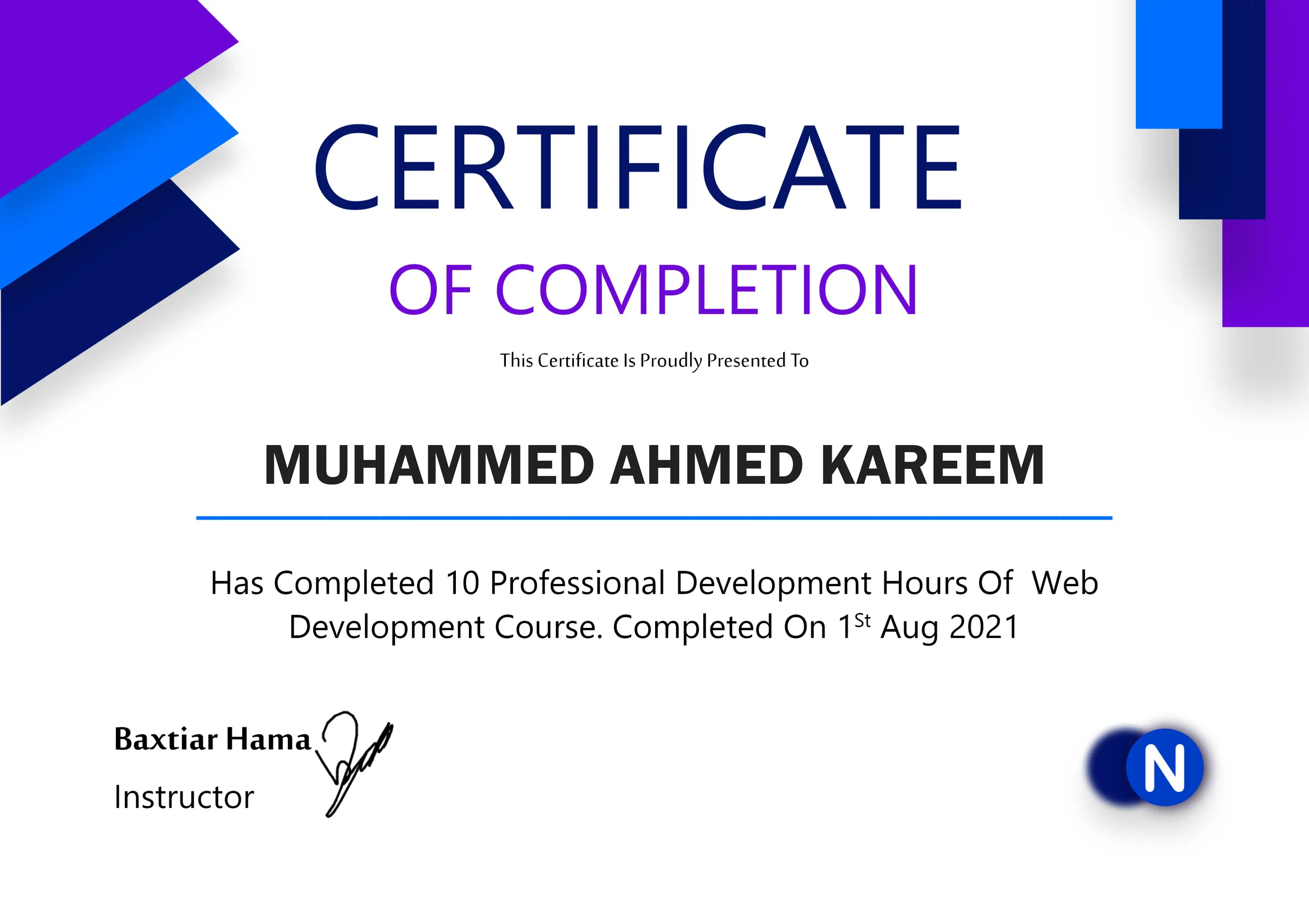 Node Center web development course certificate