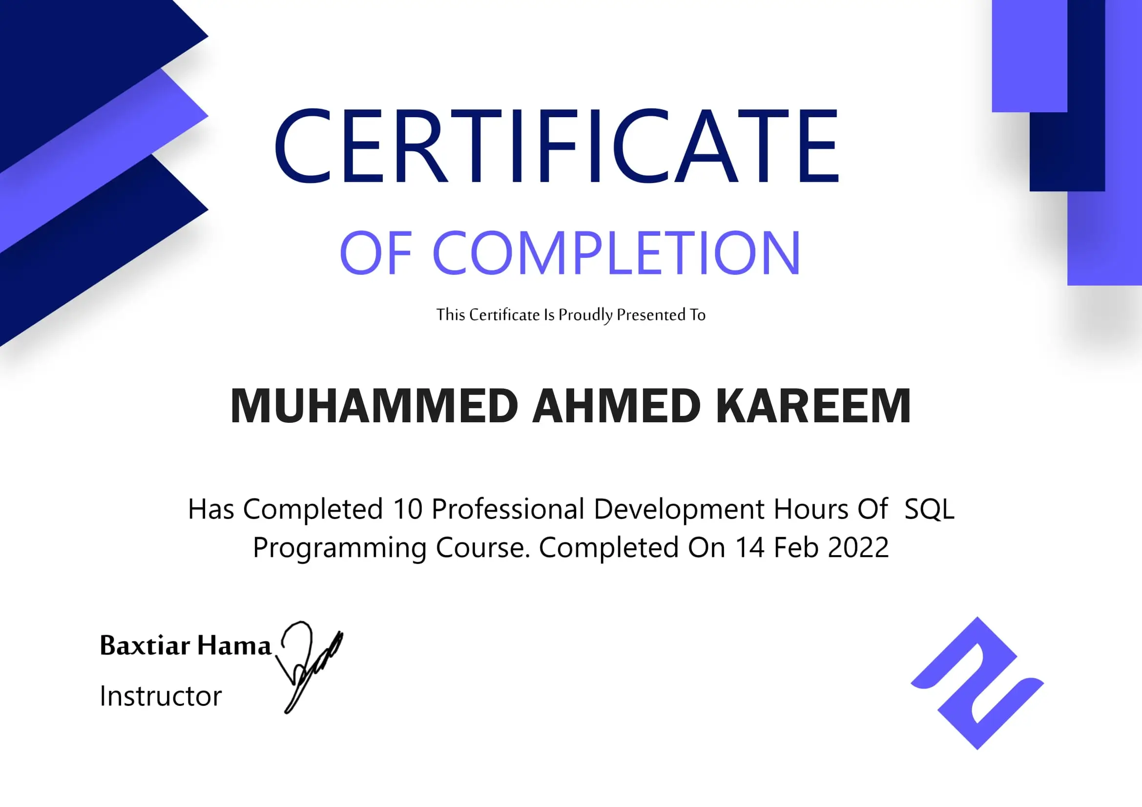 Node Center SQL programming course certificate