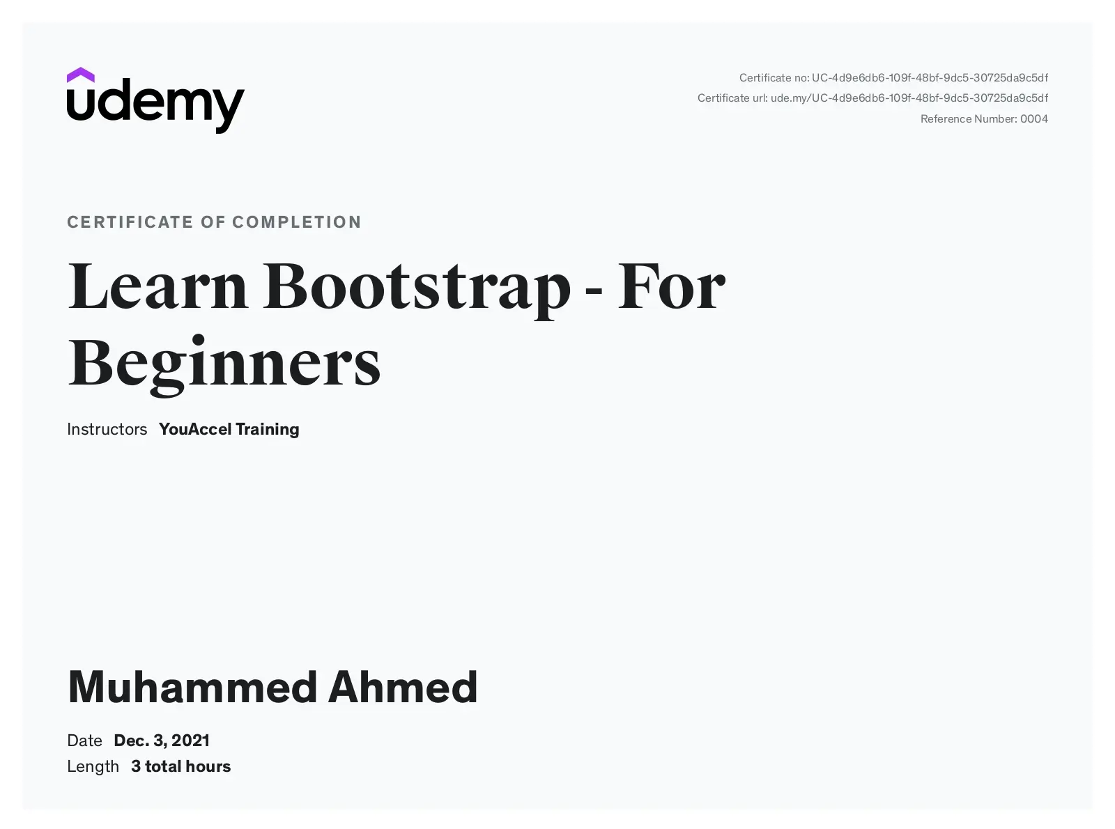 Udemy Bootstrap course certificate