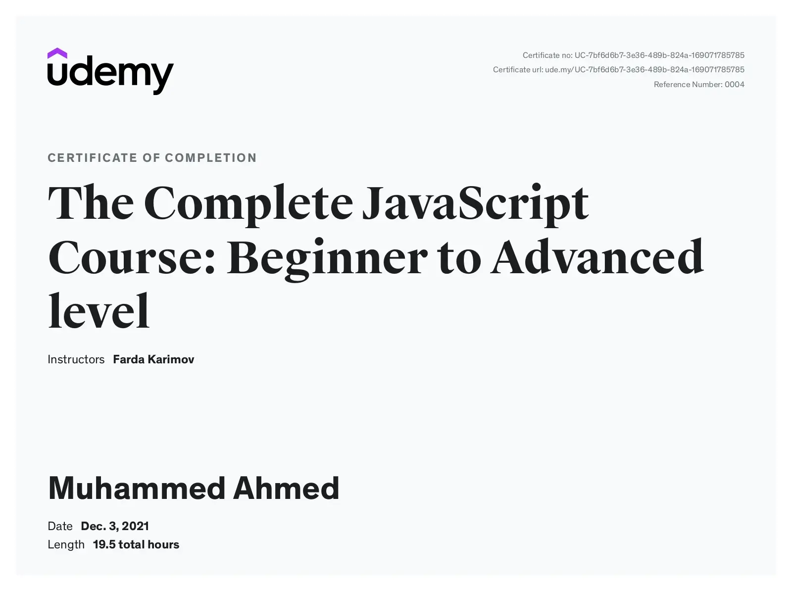 Udemy complete JavaScript course certificate
