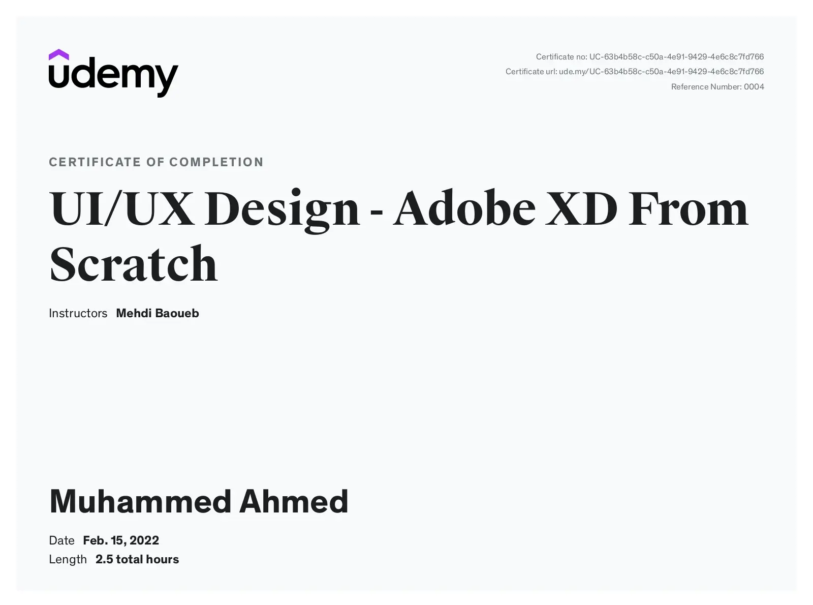 Udemy UI/UX design with Adobe XD certificate