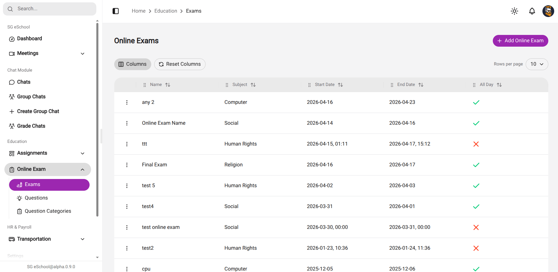 SG eSchool ERP meetings and online classes